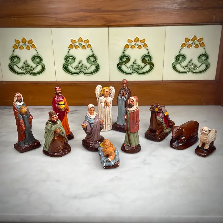 Vintage Chalkware Nativity Figurines Set of 11 Jesus Mary Joseph Angel Wise Men Camel Cow Sheep