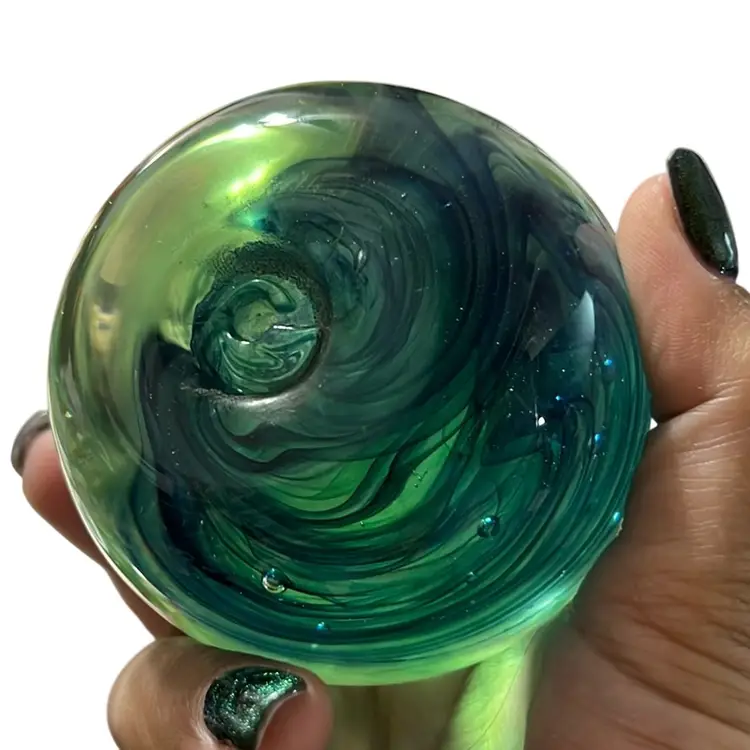 Vintage Kerry Glass Paperweight from Kerry Glass/Ireland - Irish Green Swirls, Bubbles - Large Hand-Blown Sphere - Studio Glass