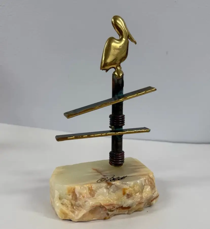 DeMott Vintage Brass Sculpture Art Pelican On Fence Mid Century Modern Signed