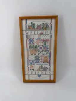 Vintage Cross Stitch Embroidery “WELCOME FRIENDS” 11.5” X 21” Framed Needlepoint