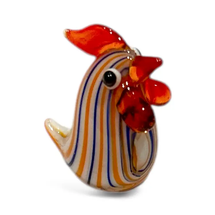 Mini Handblown Orange And Blue Art Glass Rooster Figurine And Christmas Stocking