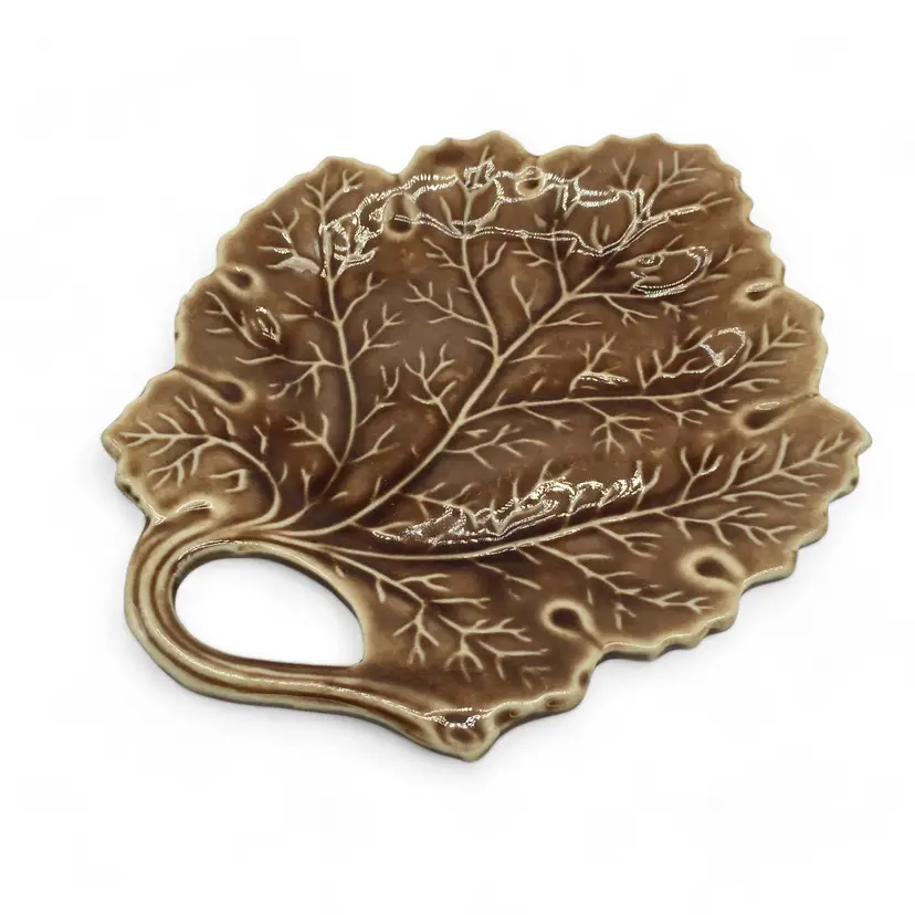 Vintage JAPAN Brown Grape Leaf Ceramic Candy/Nut Trinket Dish With Stem Handle