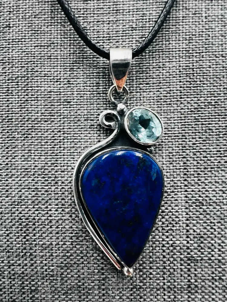 925 Lapis Lazuli And Blue Topaz Pendant With 18” Black Cord Chain