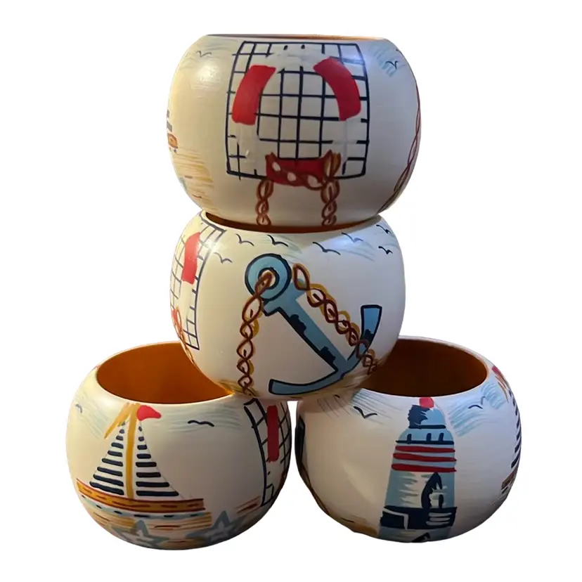 Set Of 4 Nautical Wood Napkin Rings - Summertime! Red White & Blue