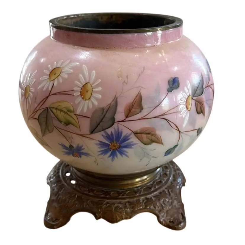 ANTIQUE VICTORIAN HAND PAINTED Floral Pink GLASS OIL LAMP BASE Or Vase Planter