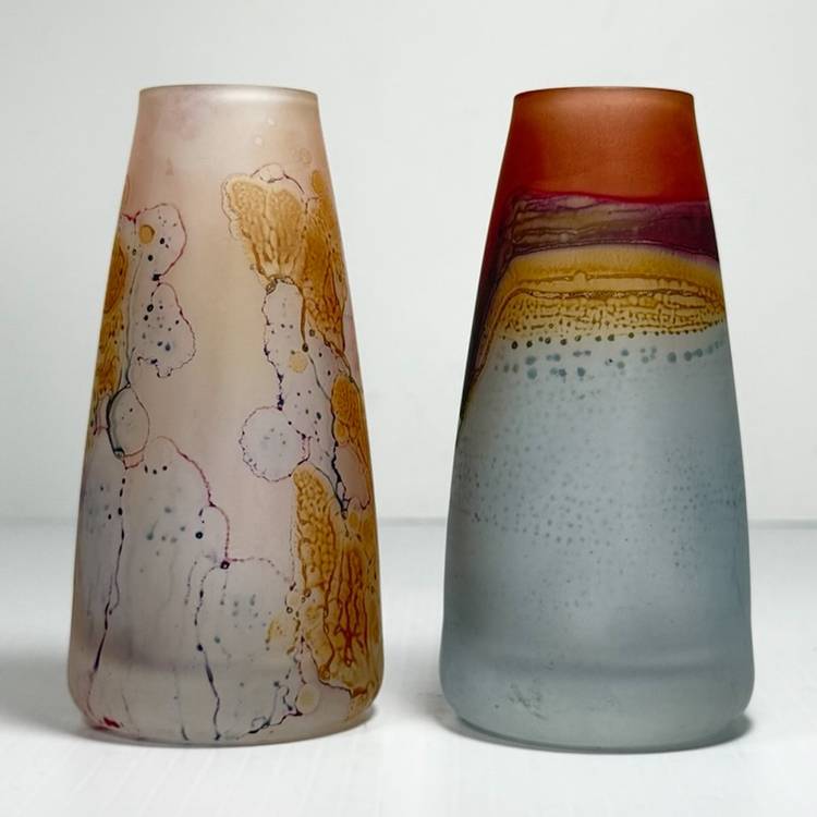 Pair Reuven Rueven ? Isra Art Nouveau Bud Vases Frosted Painted Stained 4"