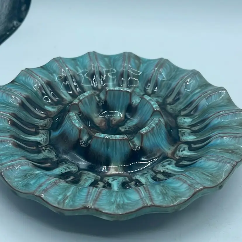 Pottery Drip Greens Ashtray 7”