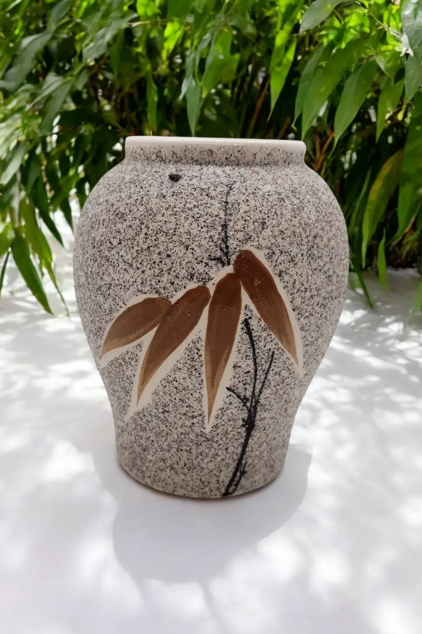 Vintage Bamboo Sandstone Pottery Vase 5.25 in Brown Asian Decor