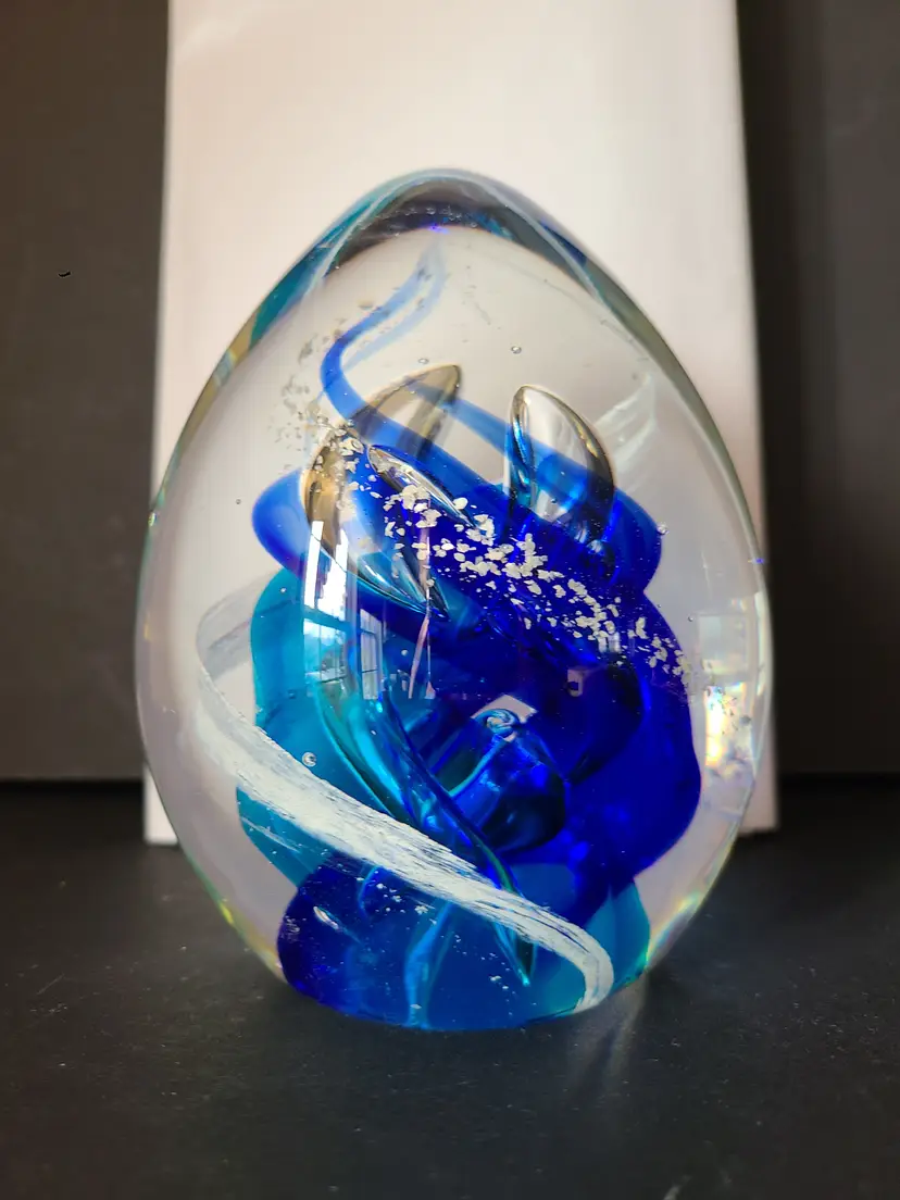 Large Blown Art Glass Egg Paperweight - Murano Style - Cobalt & Teal with Silver Flecks