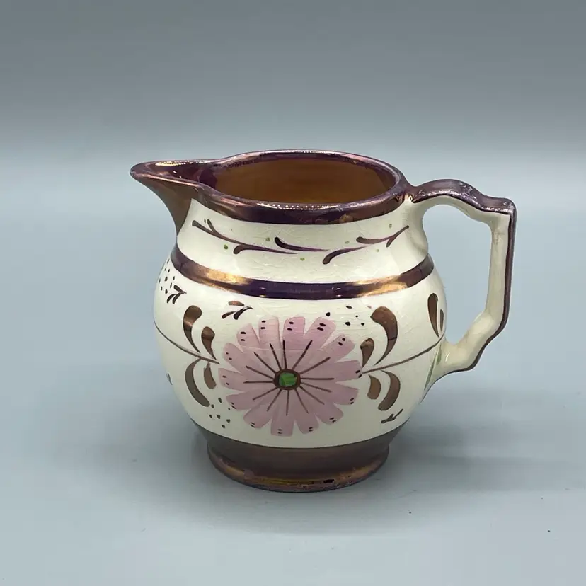 Vintage Old Castle England Copper Luster Ware Creamer Pitcher Pink Flower Green Accent