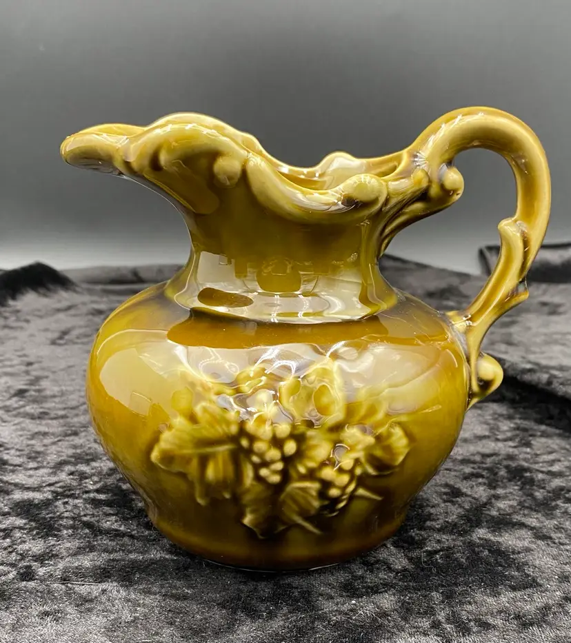 Vintage McCoy Pottery Small Green Pitcher, Grapevine Pattern, 16 oz, 5.4" Tall