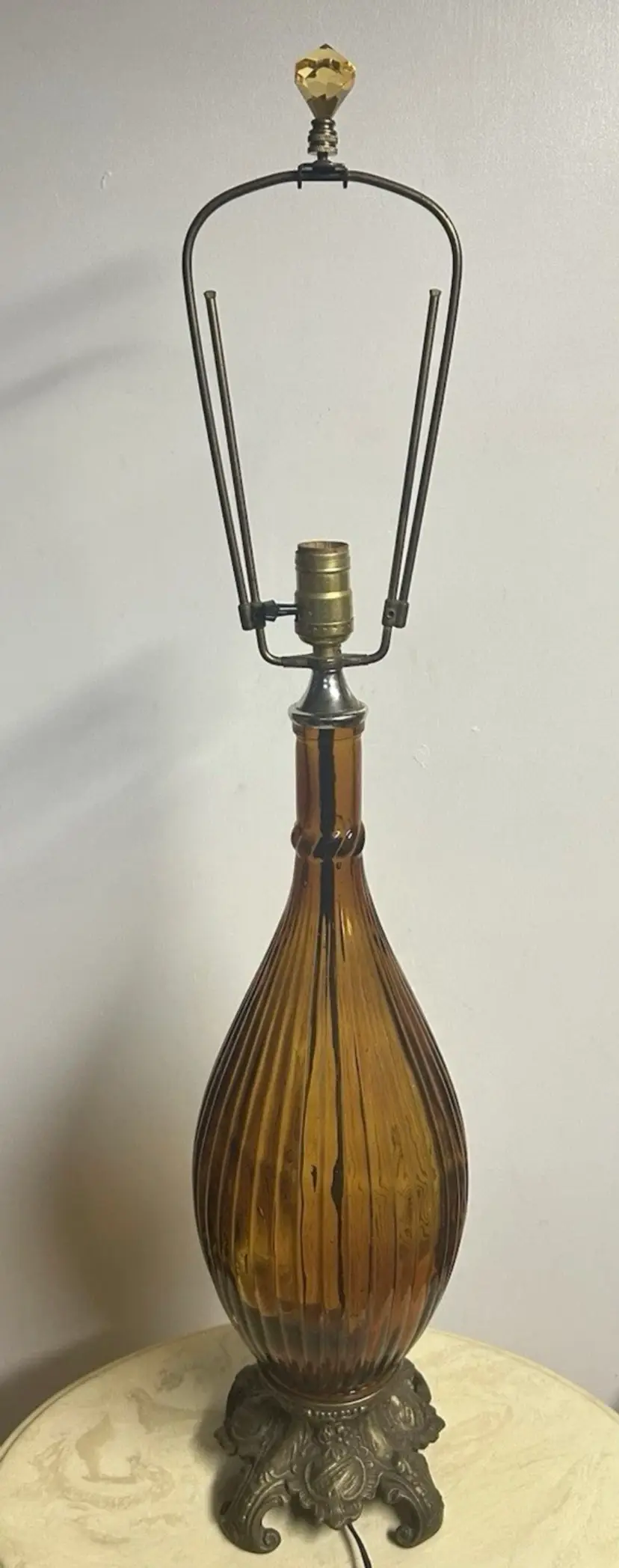 Rare Antique Blown Glass Amber Lamp With Ornate Cast Iron Base