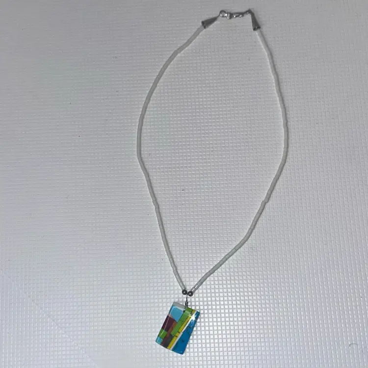 #01 Native American Multi Stone Inlay Pendant Necklace Almost 12” Long (tested)