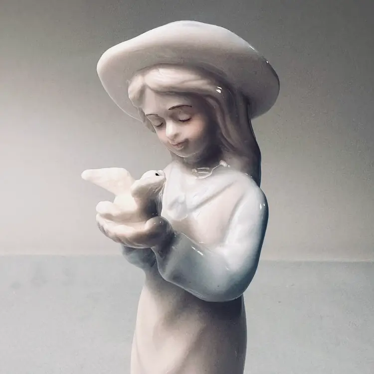 Beautiful Porcelain Girl With Dove Figurine 6" Tall. Vintage Cute Grandma Core