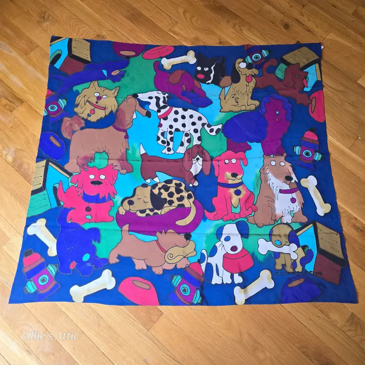 Silkscapes Vintage 90s Hand Painted Scarf Vibrant Rainbow Dogs Lover 100% Silk