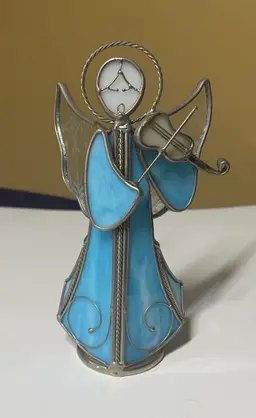 STAINED GLASS ANGEL PLAYING VIOLIN Blue Leaded Glass SILVER ACCENTS 7.5” tall