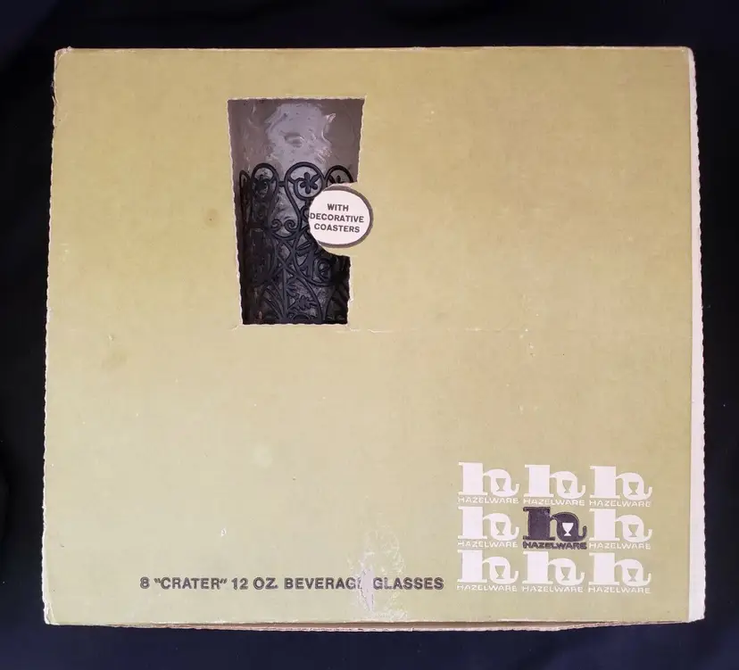 Hazelware Beverage Glasses - Crater w/ Decorative Coasters - 12oz - Qty 8 + NIB