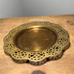 Ornate Brass Trinket Dish with Scalloped Pierced Lace Rim