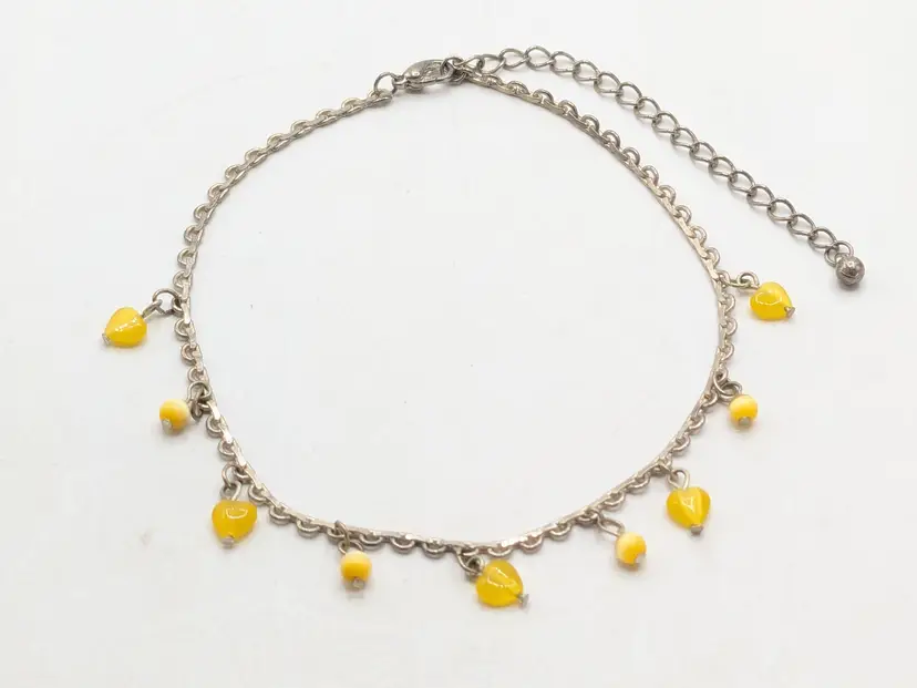 Anklet Silver Tone Yellow Heart Beaded Ankle Bracelet