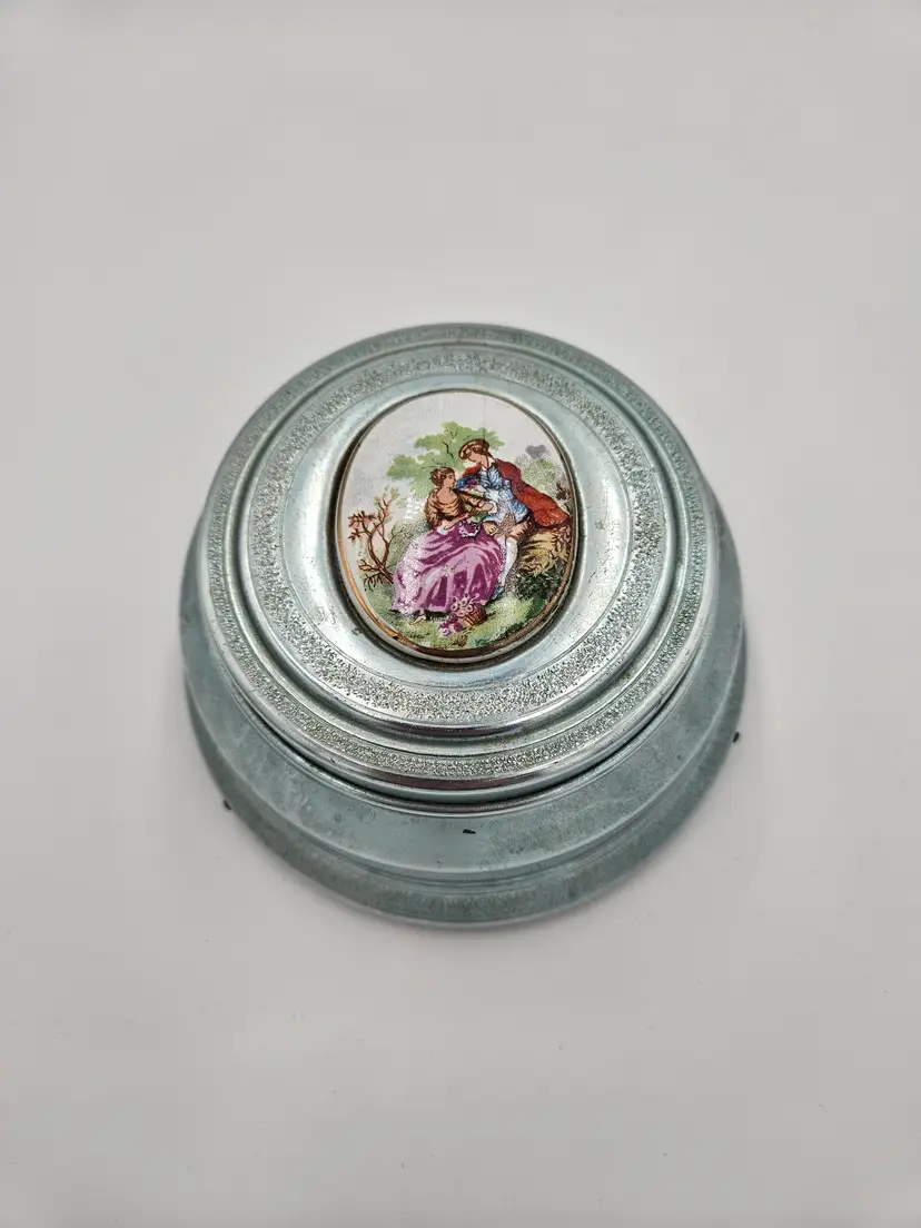 #C76 Aluminum with Porcelain Medallion Working Wind-up Music Box Powder Puff Dish