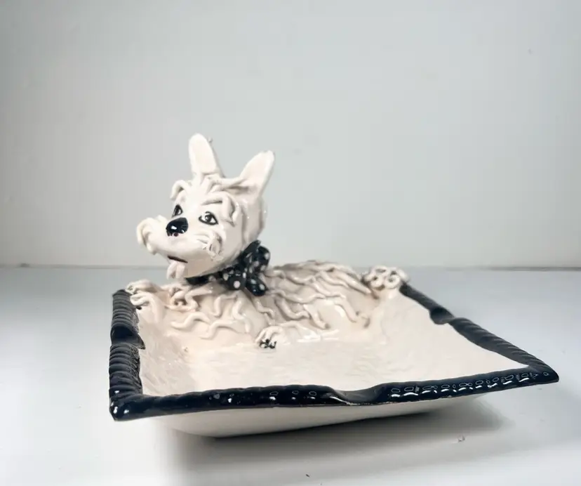 Vintage Italian Spaghetti Terrier Dog Ashtray Trinket Dish Handpainted Art Pottery