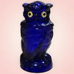 Vintage Mosser Cobalt Blue Glass Toby The Owl Covered Dish Candy Jar 6.5" Tall