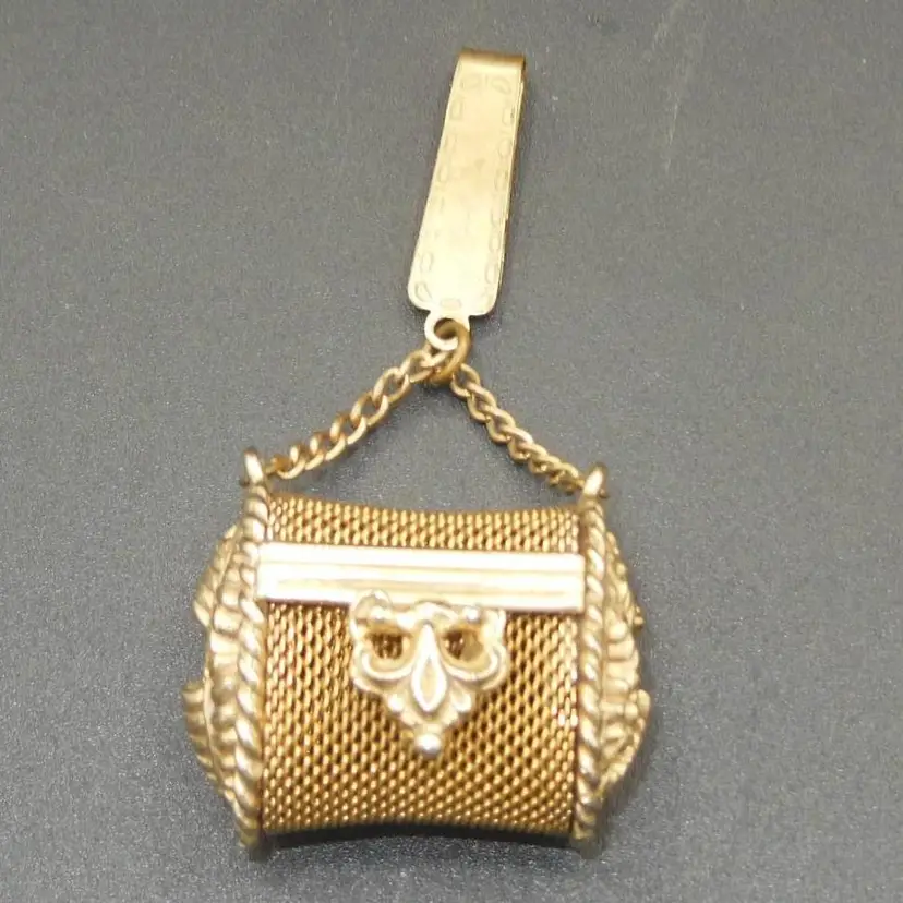 Vintage Gold Tone Mesh 'Chatelaine' Chainmail Miniature Charm, Coin Purse, or Pill Box. etc Chain Clip On