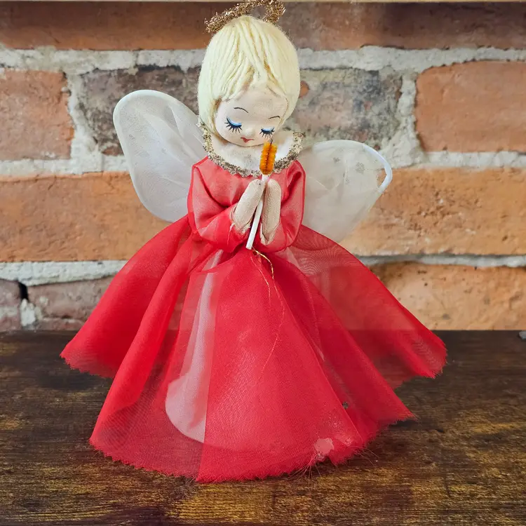 Vintage Angel Tree Topper Doll Mid Century Japan Christmas Angel Red Tulle Dress, Pipe Cleaner Candle Praying Angel MCM Holiday Decor