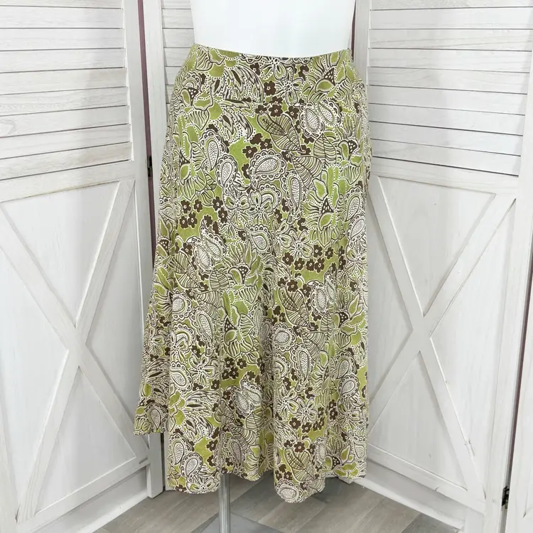 Charter Club Linen Paisley Floral Tropical Midi Skirt Green Brown 10 Flare