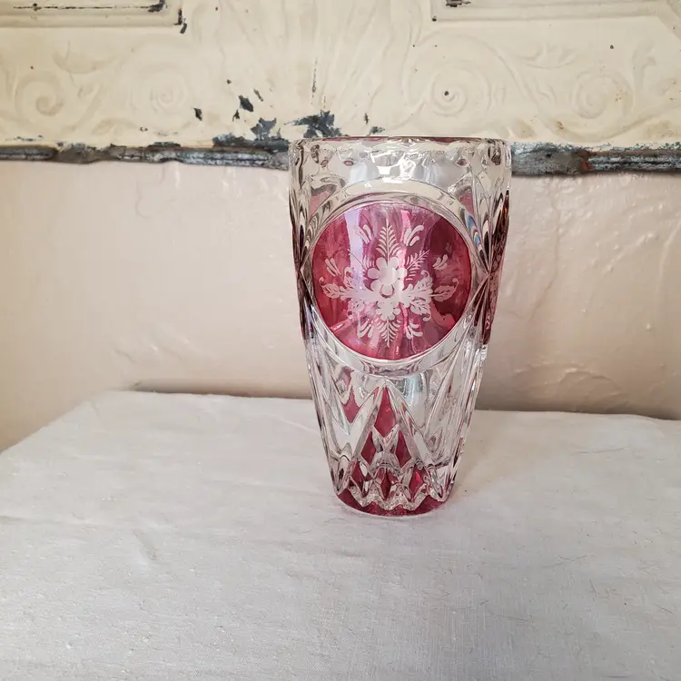 Cranberry Tinted Crystal Vase with Etched Flowers