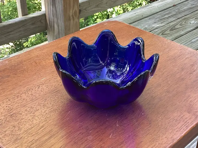 2679-Vintage BLENKO Cobalt Blue Lotus Bowl- Original Sticker