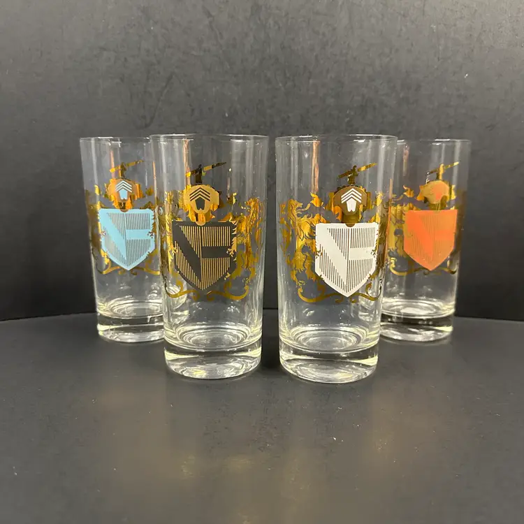 Set of 4 Vintage Federal Glass Camelot, Coat Of Arms, Collins Bar Glasses