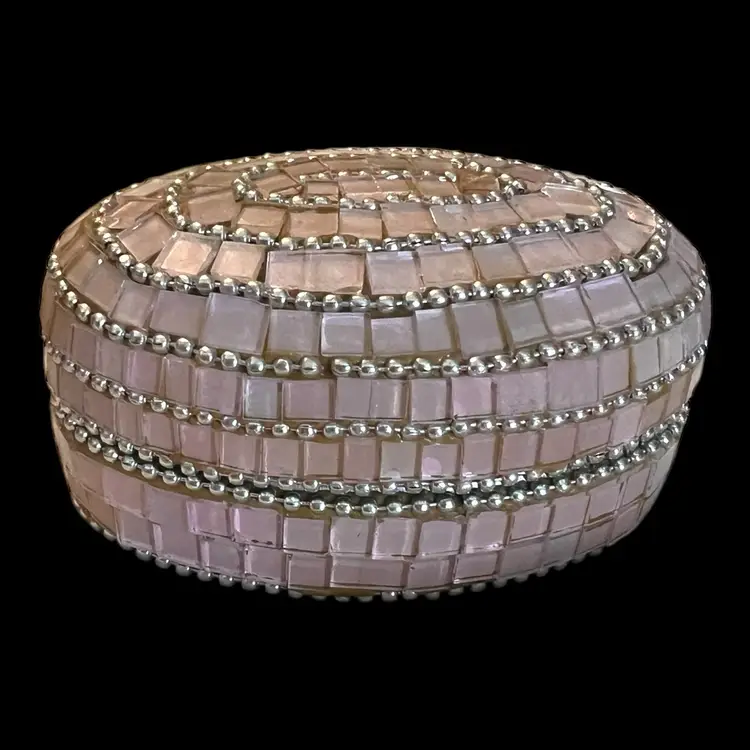 Pink And Silver Mosaic Tin Small Trinket Dish Jewelry Box