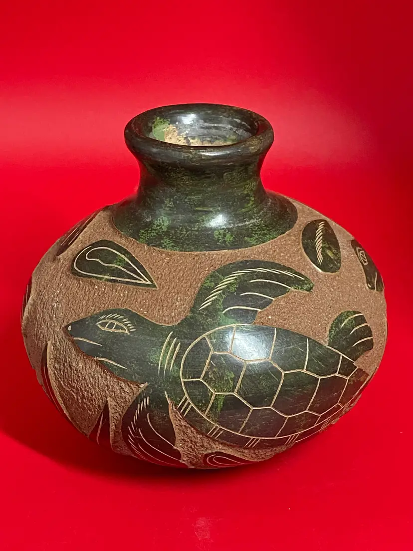 Nicaraguan Pottery Vase w/Turtles, signed by Luis Bralamonte