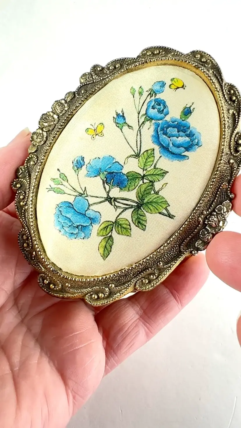 Blue Floral Music Box For Jewelry or Trinkets. Plays "We've Only Just Begun."  Warm Gold-tone Finish. Embossed Japan On Bottom. Working Musical 🎶 🎵🎶🎵 Japanese Music Box