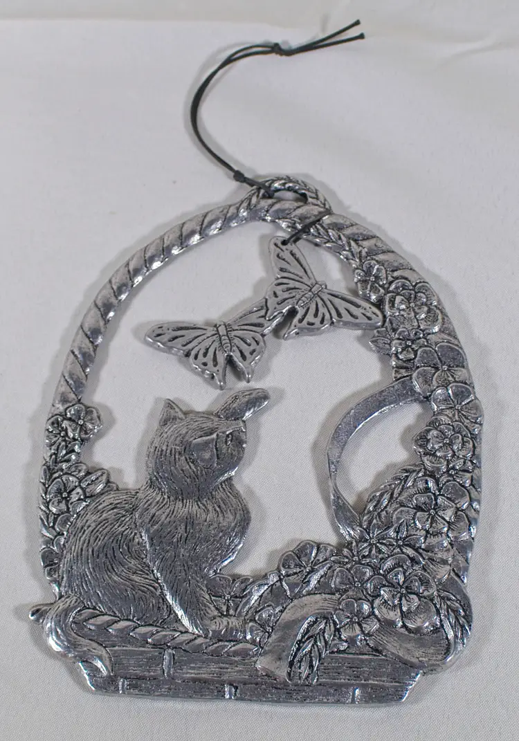 Pewter Playful Cat and Butterfly Wind Chime 8.75" Tall