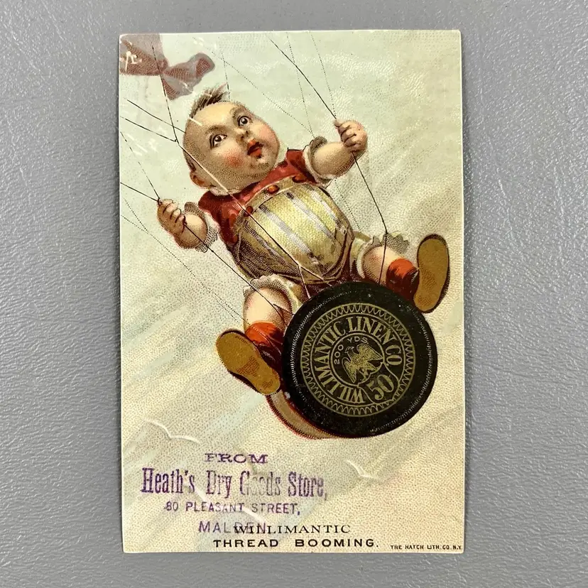Victorian Trade Card Baby On Willimnatic Thread Spool Heaths Dry Goods Malden MA