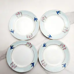 Rare Find: Hand Painted Blue Jay Nippon/Noritake. Set of 4 Butter Pat Plates & 2 Saucers