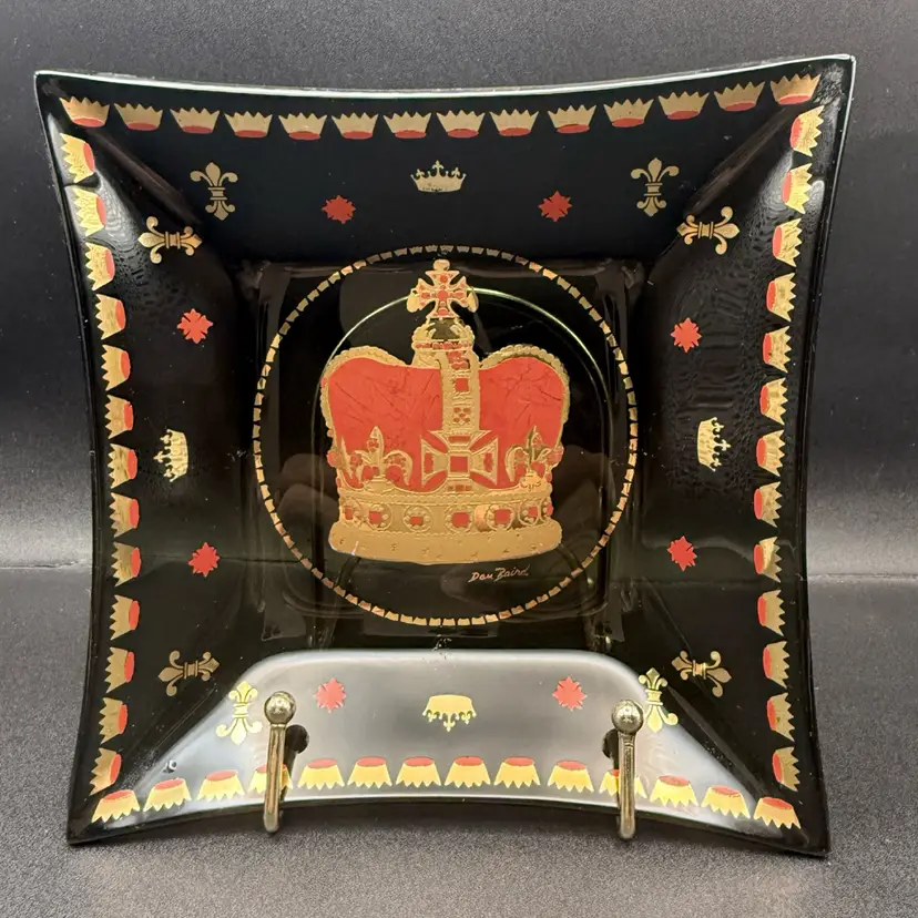 Mid Century Smokey Glass Crown Dish Signed