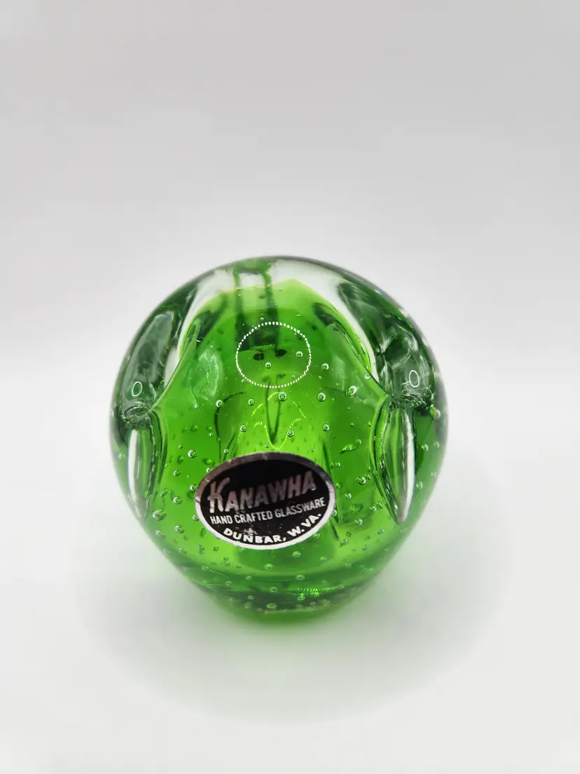 Kanawha Green Controlled Bubbles Dimpled Paperweight