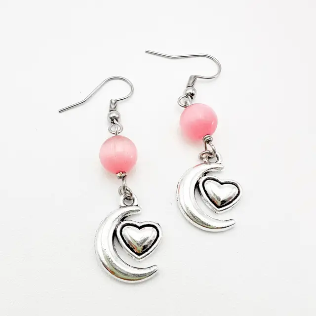 Moon Heart Dangle Charm Earrings Pink Bead Accent Silver Tone 2