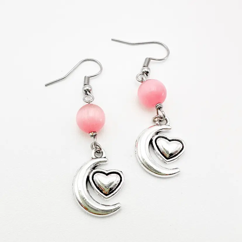 Moon Heart Dangle Charm Earrings Pink Bead Accent Silver Tone 2" Handmade
