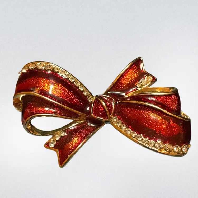 Gold Tone Red Bow With Pave Rhinestone