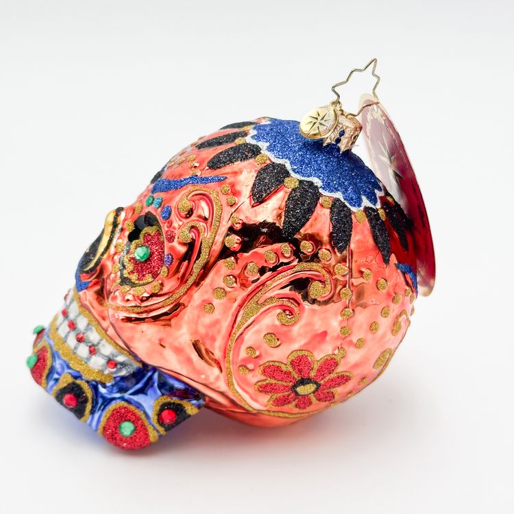 Christopher Radko Colorful Calavera 2019 Christmas Ornament Glass Sugar Skull 4.25"H 3.5"W