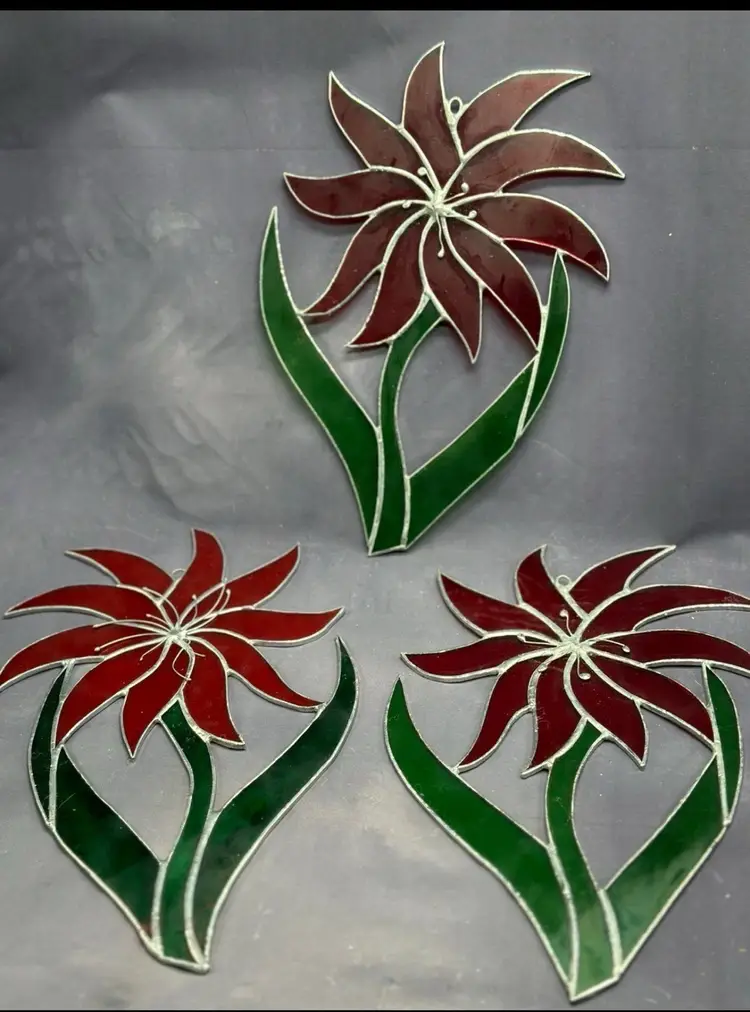 Vintage Poinsettia 3 Christmas Leaded Stained Glass Hanging Suncatchers Window #christmas