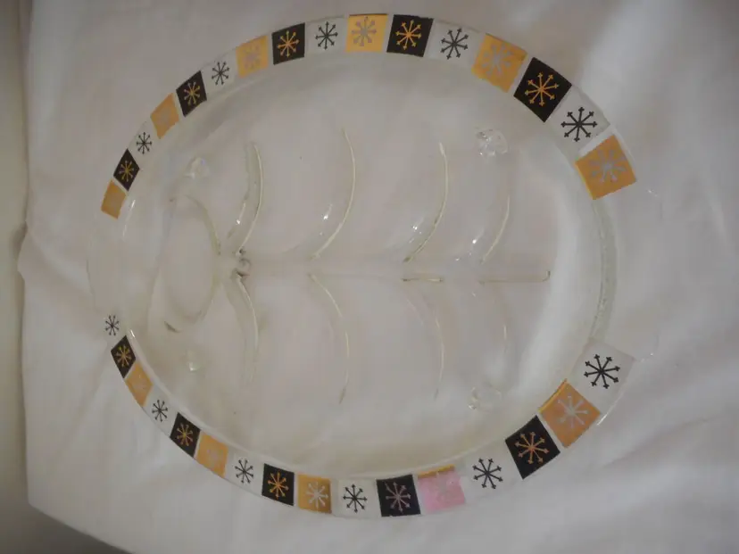 Vintage MCM Inland Glass Meat Platter Tray Atomic Tree of Life Starburst Gold