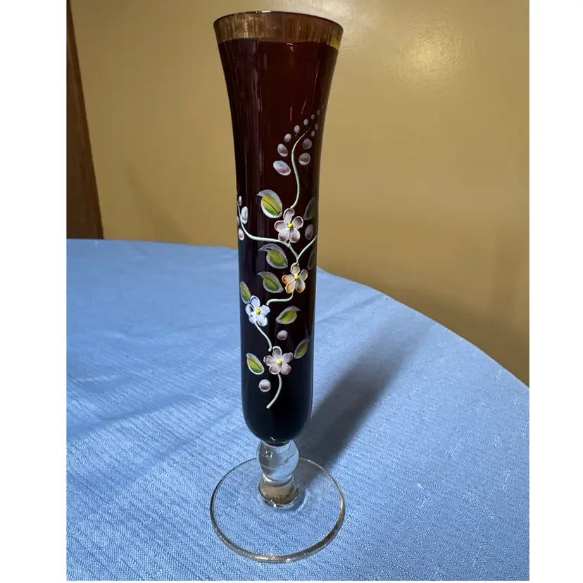 Venetian Amethyst Glass Bud Vase Hand Painted Dimensional Flowers 8” tall
