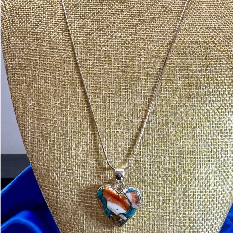 Sterling Silver 925 Copper Dahlia Turquoise & Spiny Oyster Pendant & 20 inch Necklace