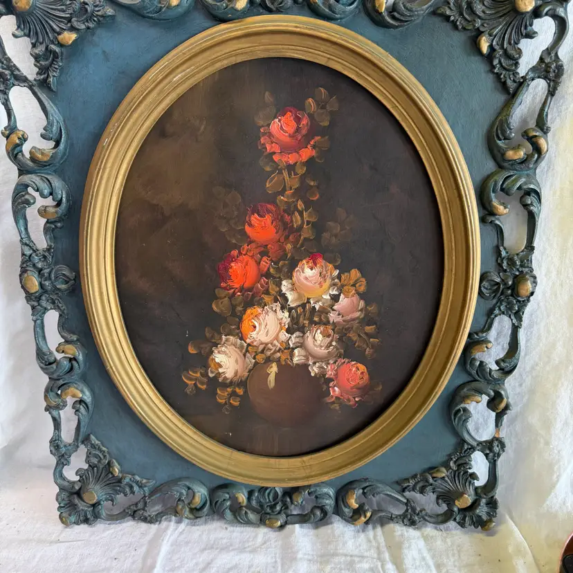 Vintage Moody Floral Still Life Painting In Ornate Square Frame With Oval Insert Cox On Back Of Canvas