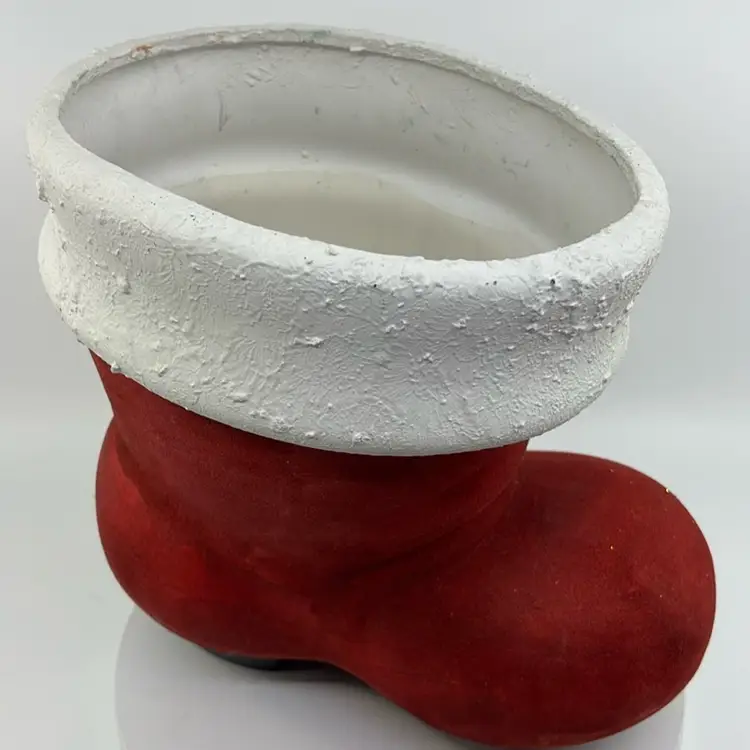 Vintage Oversized Flocked Santa Boot Planter 9.5H 9.5L